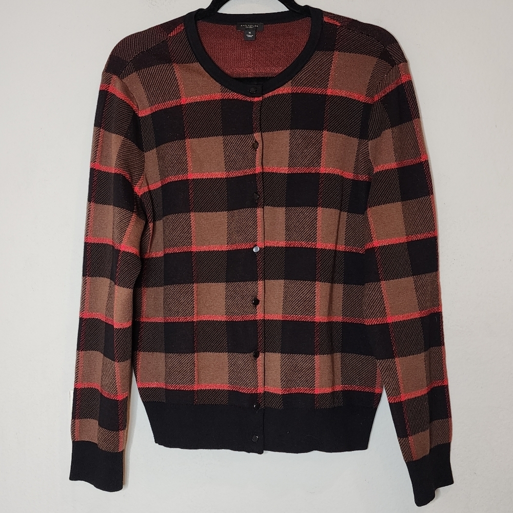 Ann Taylor Metallic Red Black Brown Plaid Button Knit Sweater Cardigan Cotton XL